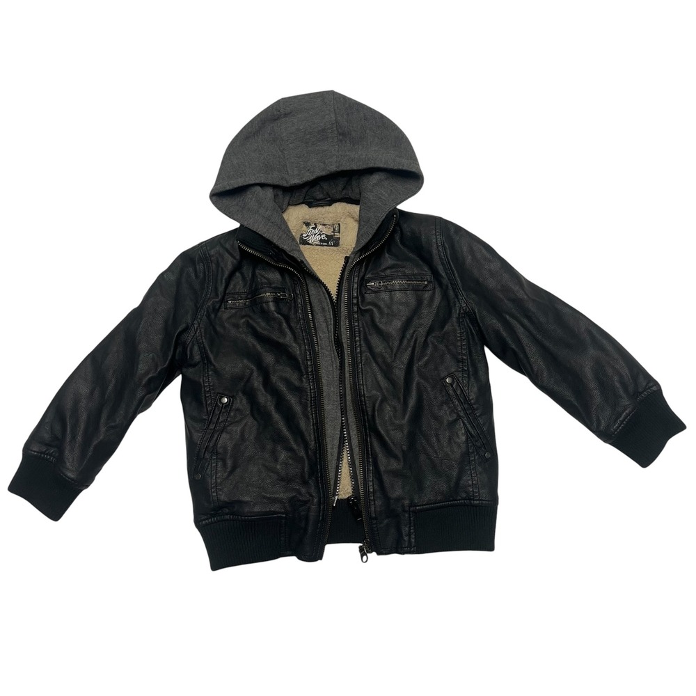 First Wave Boys Black Faux Leather Sherpa Lined Hooded Bomber Jacket Size 4/5